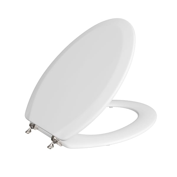 White Deluxe Molded Wood Toilet Seat, Closed Front with Cover, Brushed Nickel Hinges, Elongated